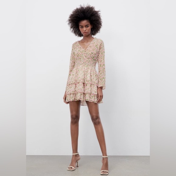 NWT Zara Floral Print Long Sleeve Dress colourful size M - Picture 3 of 6